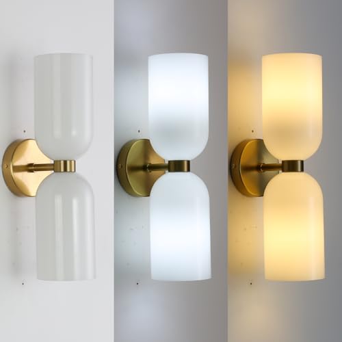 Image of EFINEHOME Minimalist 2-Light Gold Wall Sconces with Cylinder Glass Shades- Mid Century Vanity Wall Double Lights Hardwired- Modern Indoor Glass Wall Mounted Art Decor Lights (Milky White, 1 Pack)