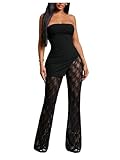 MakeMeChic Women's 2 Piece Sets Strapless Bandeau Tube Top Mesh Lace Pants Elegant Outfits Black Large