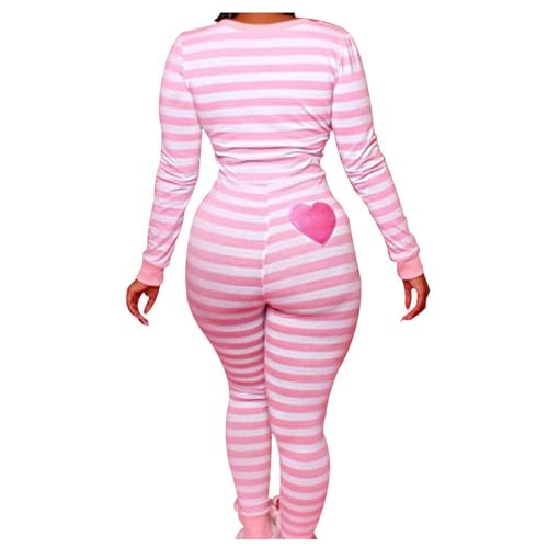 Piacakece Women's Long Sleeve Jumpsuit Pajamas One-piece Bodycon Bodysuit Romper Sleepwear (S-Pink, XL)