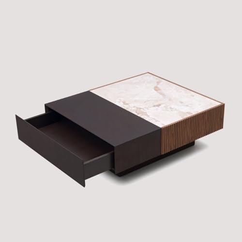 Image of WOODEN SPACE Nova Luxe Square Center Table with HDHMR Marble Top & Fluted Wooden Base | Modern Coffee Table for Living Room | Premium Wooden Centre Table