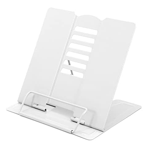 Metal Book Stand for Reading, Adjustable Cookbook Documents Stand and Textbook Holder for Desk, Perfect for School Kitchen Counter Office（White） Cover