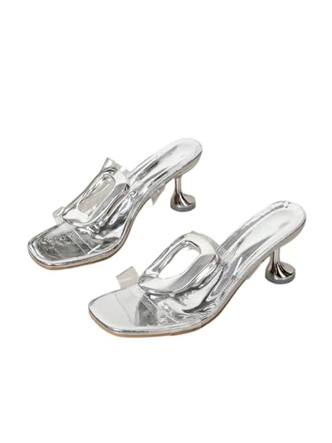 GORGLITTER Women's Clear Kitten Heels Transparent Dressy Metal Buckle Square Toe Party Cutout Heeled Prom Sandals Silver 9.5