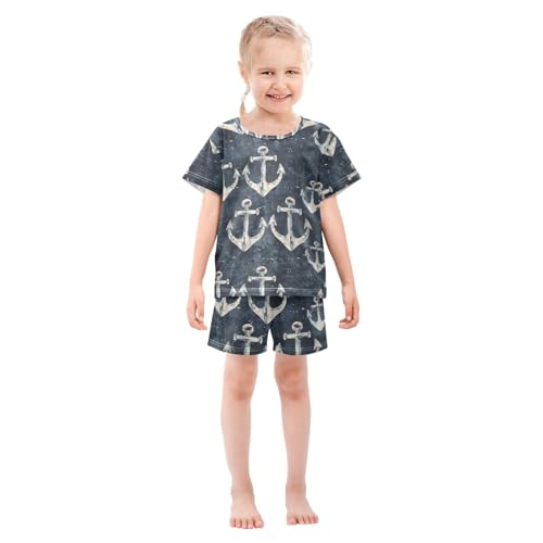 ALAZA Art Painting Anchor Pajamas Set Short Sleeve Cotton Sleepwear Summer Pjs 2 Piece 5-14Y3