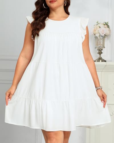 Image of Holipick Women's Plus Size Summer Dresses Casual Short Dress Babydoll Ruffle Sleeve Swing Flowy Sleeveless Tunic Dress