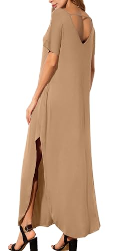 Image of GRECERELLE Women's Summer Maxi Dress Casual Loose V Neck Short Sleeve Side Split Long Dresses with Functional Pockets