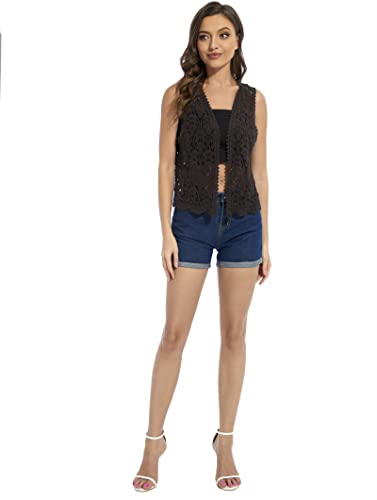 Image of Womens Floral Crochet Lace Trim Sleeveless Open Front Vest Cardigan