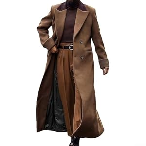 Herren Trenchcoat aus Wolle, verlängert, zweireihig, Reverskragen, einfarbig, Blazer-Jacke, langärmelig, Polyester, Spandex, Braun, Grau, Schwarz, Violett (L dunkelbraun)