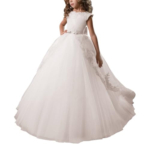 Tulle Princess Flower Girls Dress Laces Applique Communion Gown Big Bow Pageant Girls Dress A Line TZ01