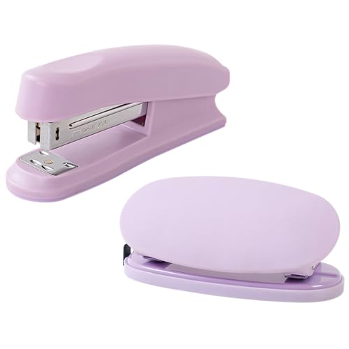 Mecmbj Locher Tacker Set, Tacker Büro, 2 Stück Bürohefter Ohne Heftklammern, Kapazität 20 Blatt, Tragbares Kleines Heftgerät und Locher Set für Büros, Klassenzimmer, Arbeitszimmer (violett)