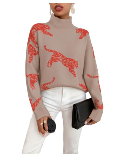 Image of WDIRARA Women's Leopard Tiger Print Sweater High Neck Long Sleeve Fuzzy Knitted Pullover Top