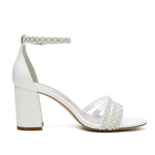 Image of White Women's Block Heel Sandal, Open Toe, Ankle Strap, Pearl Wedding Shoes for Bride, Bridesmaids, Mother of the Bride, Prom, Evening, Cocktail, Ball Gown