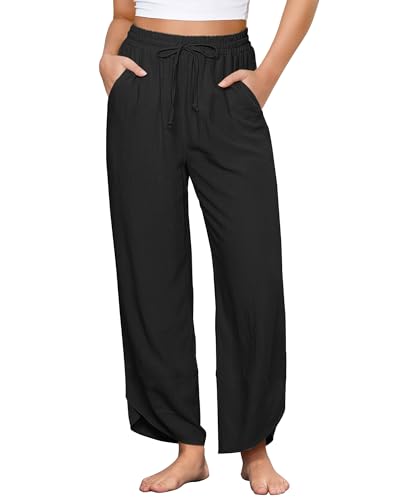 GRAPENT Linen Pants Women High Waisted Wide Leg Casual Beach Pull On Elastic Waist Summer Cropped Pants with Pockets