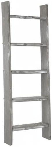 MyGift Large Whitewashed Wood Ladder Blanket Ladder, Farmhouse Style Wall Leaning Towel Rack with 5 Rungs (Graywashed)