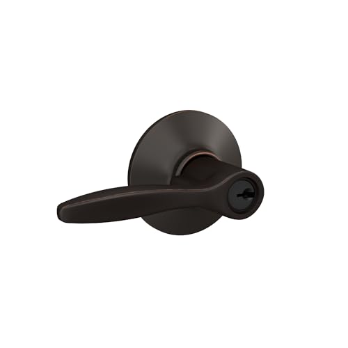 Image of Schlage Delfayo Keyed Entry Door Handle, Reversible, Aged Bronze | Keyed entry lever door handle with turn-button lock, Easy to install, Certified security & durability, Universal fit, 2 keys