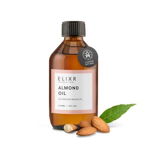 ELIXR Aceite de almendras 100% puro, prensado en frío y natural, aceite nutritivo para la piel, cabello y uñas, cosmética natural vegana y sin aditivos, 250 ml