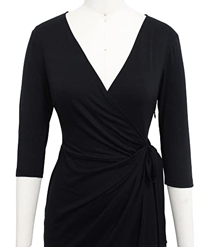 Faux Wrap Bodycon Dresses For Women Sexy V-Neck 3/4 Sleeve Belted Midi Casual Cocktail Party Dress(M,6083-Black) #TOP3