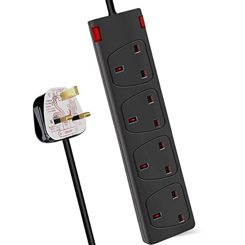 ExtraStar 4 Way Extension Lead 1M in Black, 13A Fused Power Strips 3120W UK Plug with Indicator Light, Wall Mounted Mains Extension Cord with Multi Sockets for Home,Office,Dorm
