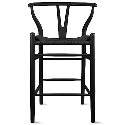 2xhome Farmhouse Style Wishbone Counter Height Bar Stool with Backs Dark Woven Seat Black Wood Fully Assembled, Single, Set of 1