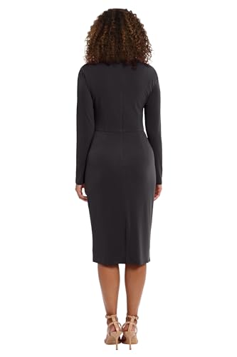 Image of London Times Women's Dresses Draped Neckline Slimming Midi Length Jersey Sheath Dress with