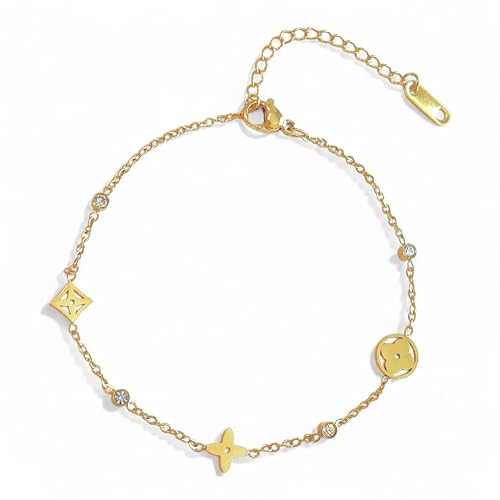 18K Gold Anklet Chain with Crystal Accents, Stainless Steel Floral