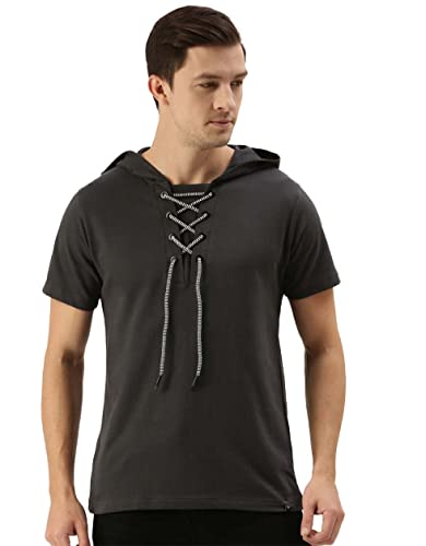 Veirdo Men’s Regular Fit Cotton Hooded Neck Half Sleeves T-Shirt with Drawstring Grey Colour for Mens/Boys