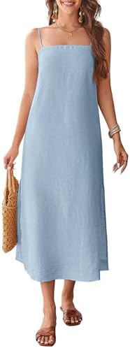 100% Linen Dresses Square Neck Sleeveless Spaghetti Strap Midi Dr...