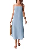 FIOPHY 100% Linen Dresses Square Neck Sleeveless Spaghetti Strap Midi Dress
