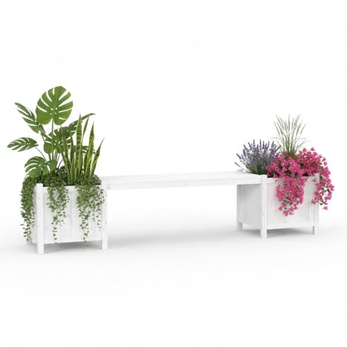 2 Fioriere con panchina da giardino in Bianco Legno Panca da giardino panchina in legno fioriera