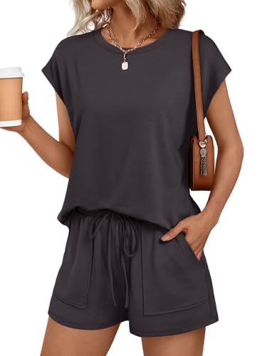 Image of AUTOMET Womens Crew Neck Two Piece Short Sets Cap Sleeve Drawstring Summer Sweatsuit with Pocket