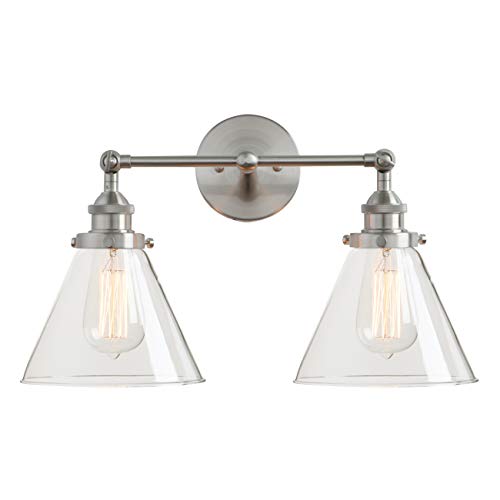 Image of PERMO Industrial Vintage Slope Pole Wall Mount Single Sconce with Funnel Flared Clear Glass Shade Wall Sconce Light Lamp Fixture Hardwired (Antique Gold) (Brushed, Funnel Flared 2-Light Hardwired)