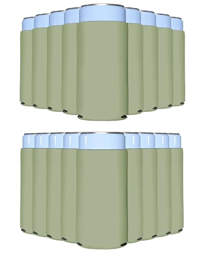 Image of PartyPrints 25 Pack Sage Blank Slim Can Cooler Sleeves | Plain Seltzer Customizable Bulk Coolers for Beer Bottles & 12oz Tall Cans | Skinny Collapsible Drink Insulated Sleeve