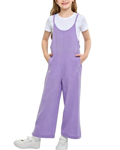 Image of Rolanko Girls Jumpsuit Adjustable Spaghetti Strap Loose Overalls Rompers, Cotton Baggy Plain Playsuits with Pockets for Age 5-12 Years, Purple, Size: 6-7 Years, 130