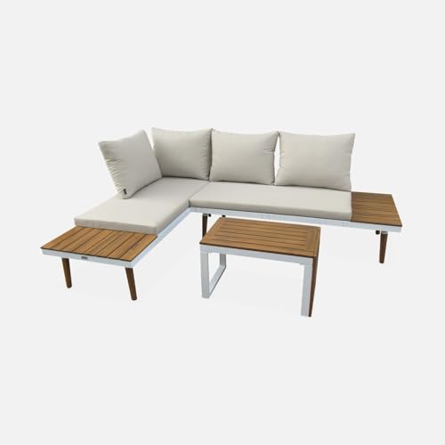 Alice's Garden - Salon de Jardin Beige et Blanc modulable en Aluminium et Bois d'acacia. 4 Places. Sao Paulo.140 x 68 x 65cm