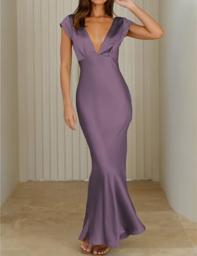 Image of Halfisland Womens Summer Satin V Neck Cap Sleeve Midi Dress Wedding Guest | 2026 Summer,Backless,Hollow Out,Long,Formal,Cocktail,Twist,Bridesmaid,Party,Baby Shower,Short Sleeve,Beach,Elegant,Evening