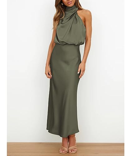 Image of Sexyshine Women's Elegant Halter Tie Neck Sleeveless Satin Long Dress Backless Split Cocktail Party Formal Wedding Maxi Dress