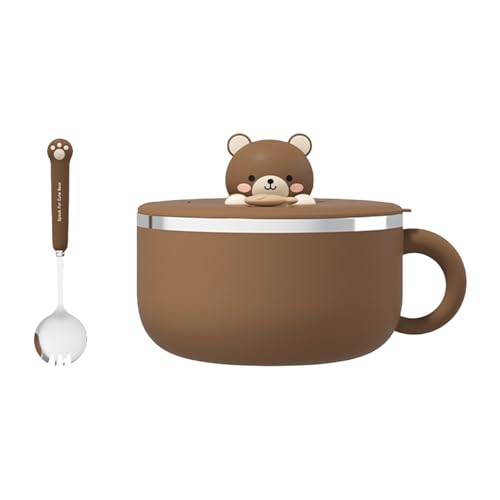 Bssowe Ramen Bol à Pâtes, Bol à Ramen 1200 Ml, Bols à Soupe Avec Poignées, Bol De Service Instantané Portable Avec Couvercle Et Cuillère, Bol à Pâtes Instantanées Avec Couvercle Pour Soupe (Marron)