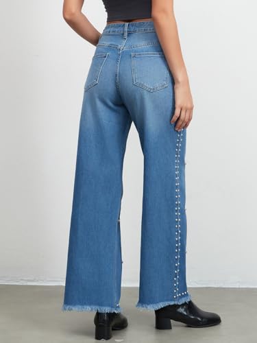 Studded Wide Straight Leg Jeans for Women Stretchy Mid Rise Baggy Raw Hem Rivet Denim Pants Trendy2
