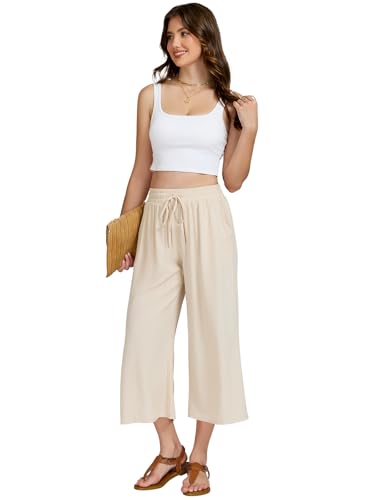 VUTRU Summer Wide Leg Pants Casual Womens Elastic Waist Plus Size Beach Lounge Trousers with Pockets for Work Travel Vacation, Khaki S — view 5