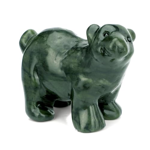 gemshan Green Natural Jade Bear Figurine - Hand Carved Feng Shui Animal Sculpture for Home Office Decor, Wealth Luck & Good Fortune Gift