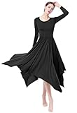 ZX Women Long Sleeve Praise Dance Dress Irregular Pleated Swing Skirt Latin Ballroom Dance Dress Lyrical Dancewear (Tag M, Black)