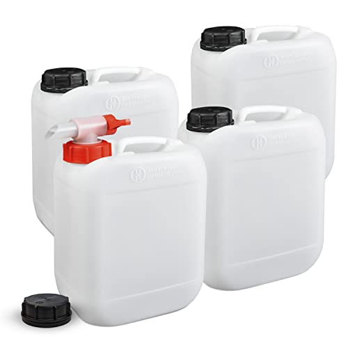 4 Stück 5 Liter Leerkanister mit Sicherheitsverschlüssen und 1x AFT-Hahn | Lebensmittelecht | Tragbar Stapelbar und Stabil | Indoor und Outdoor | BPA Frei | UN- (Gefahrgut) Zulassung Cover
