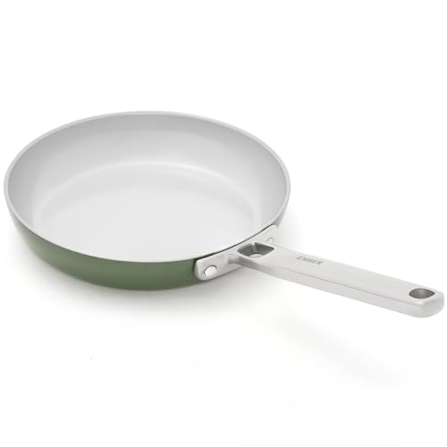 Image of Ember Cookware Arcilla Ceramic Frying Pan 20 cm | 75% Less Oil Usage | Non-Toxic Non-Stick Pan for Cooking | PFAS & PFOA Free | ISI Certified | Steel Handle- Induction Cookware | Egg Pan | Green