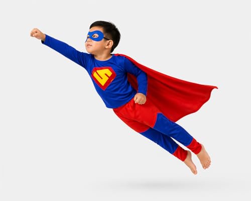 Image of Raj Costume Boys Superhero Costume Set with Mask | Blue Red Full Sleeve T-Shirt & Track Pants | Kids Fancy Dress for Birthday Party, School Function|Stretchable Comfortable