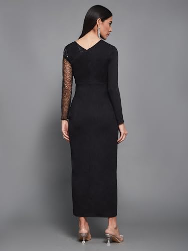 Image of Miss Chase Women's Round Neck Sleeve Embellished Fit Flare Maxi Dress