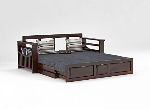 Image of Douceur Furnitures Solid Sheesham Wooden Sofa Cum Bed Queen Size with Storage for Living Room | Wooden Foldable 3 Seater Sofa Cum Bed with Headboard Folding Double Bed for Home Bedroom (Walnut)