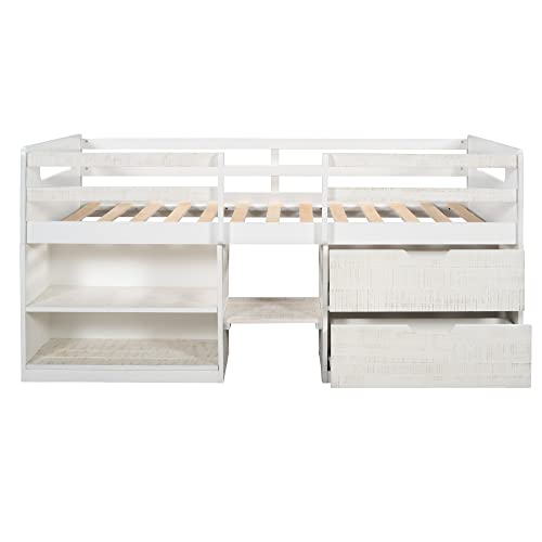 Citylight Twin Low Loft Bed With Storage, Kids Loft Bed With Two Shelves And Two Drawers,Wooden Loft Bed Twin For Girls Boys Bedroom,Antique White #TOP3