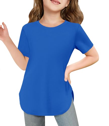 Image of Haloumoning Girls Summer Short Sleeve Shirt Kids Crewneck Curve Hem Soft Tunic Tops T-Shirts 5-14 Years