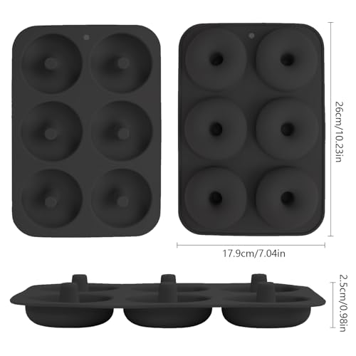 2 Pezzi Stampo per Ciambelle, Stampi in Silicone Antiaderenti, Stampo per Donuts a 6 Cavità, Stampi Donuts Grandi, Adatto Per Torte, Muffin, Biscotti, Bagel (Nero) - immagine 3
