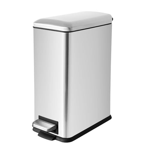 Image of JM ·YIPENG Bathroom Trash Can, 10 Liter / 2.6 Gallon Stainless Steel Garbage Can with Removable Inner Bucket, Soft Close Lid Step Trash Bin for Bedroom, Office, Kitchen, Brushed Silver