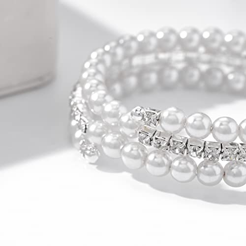 Masiter Layered Pearl Bracelet Stretch Glitter Rhinestone Bracelets Tennis Chain Wedding Costume Jewelry For Women And Girls (Style1) #TOP3